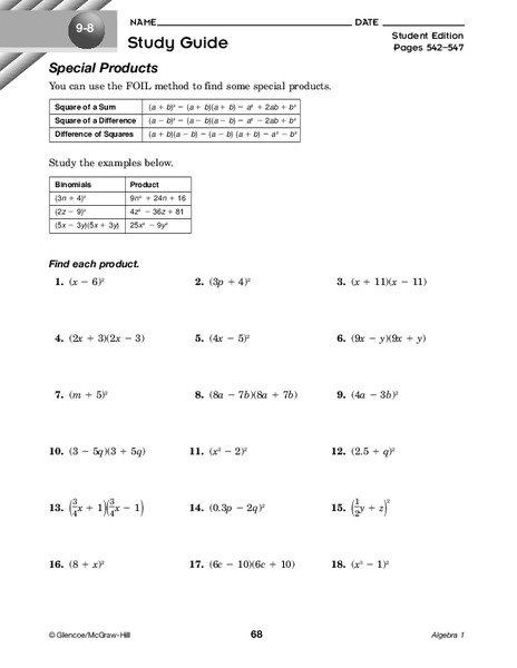 Special Products Worksheet