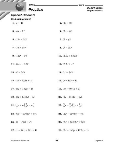 Special Products Worksheet
