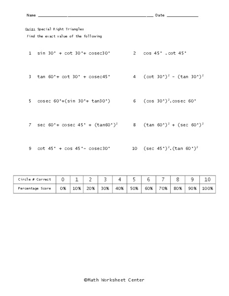 Special Right Triangles Worksheet