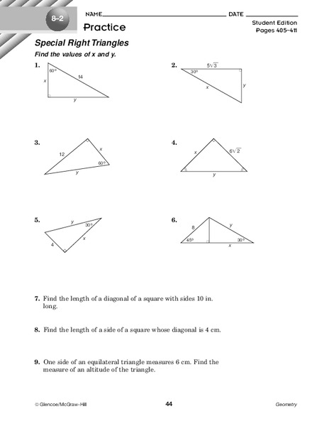 Special Right Triangles Worksheet