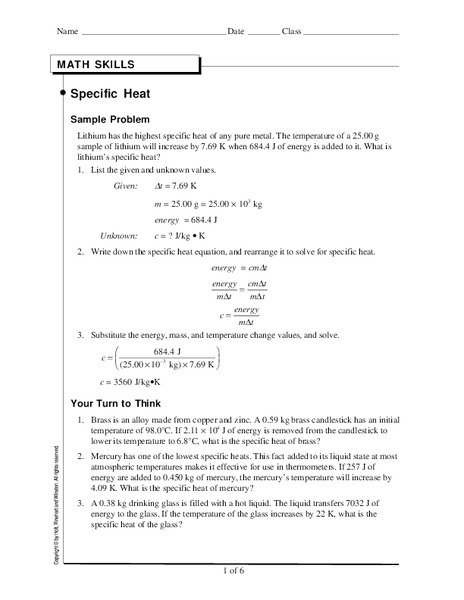 Specific Heat Worksheet
