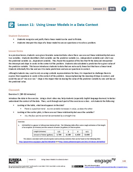 Using Linear Models in a Data Context Lesson Plan