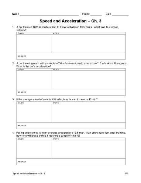 Speed and Acceleration Worksheet