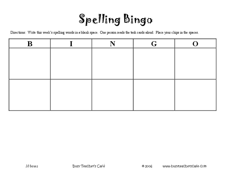 Spelling Bingo Worksheet
