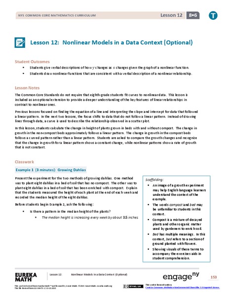 Nonlinear Models in a Data Context Lesson Plan