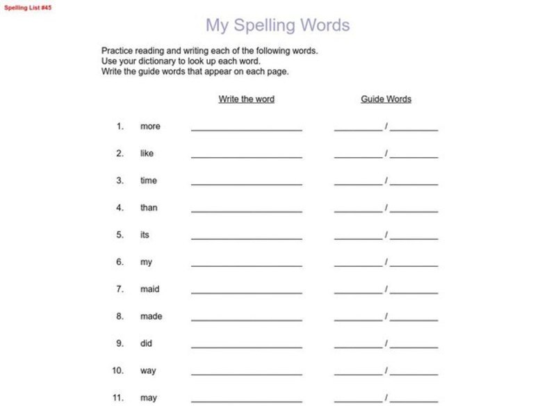 Spelling Words and Dictionary Guide Word Worksheet Worksheet
