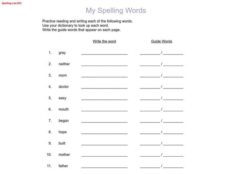 Spelling Words and Dictionary Guide Word Worksheet Worksheet