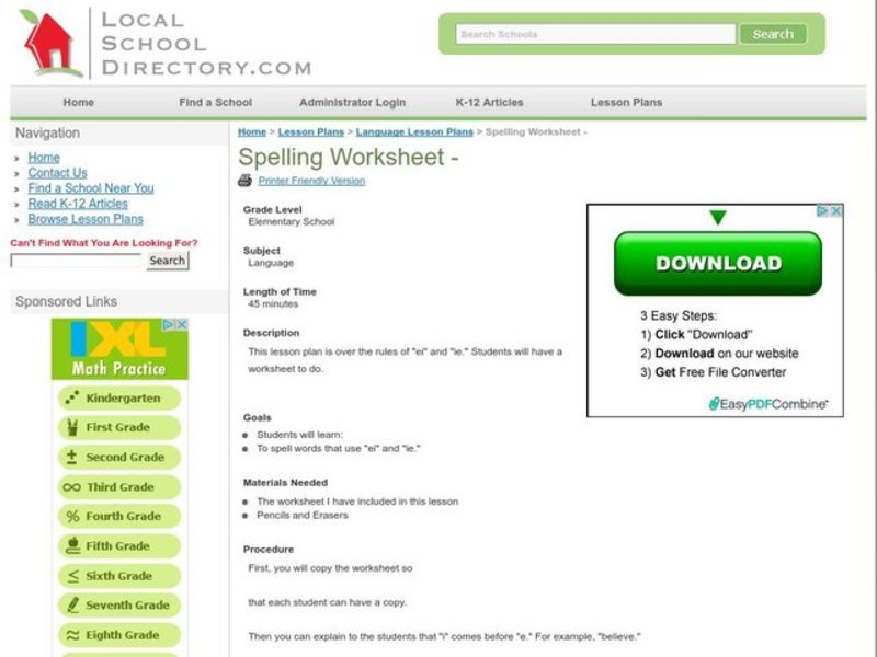 Spelling Worksheet Lesson Plan