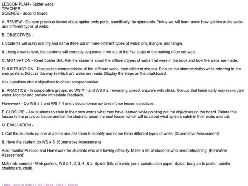 Spider webs Lesson Plan