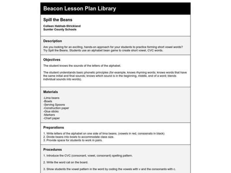 Spill the Beans Lesson Plan