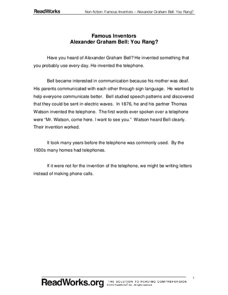 Famous Inventors Alexander Graham Bell: You Rang? Worksheet