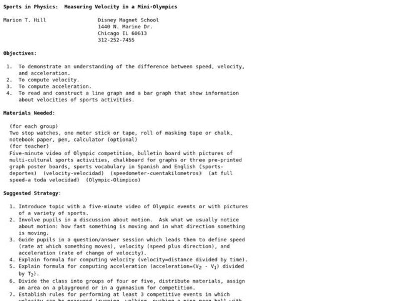 Sports in Physics:  Measuring Velocity in a Mini-Olympics Lesson Plan