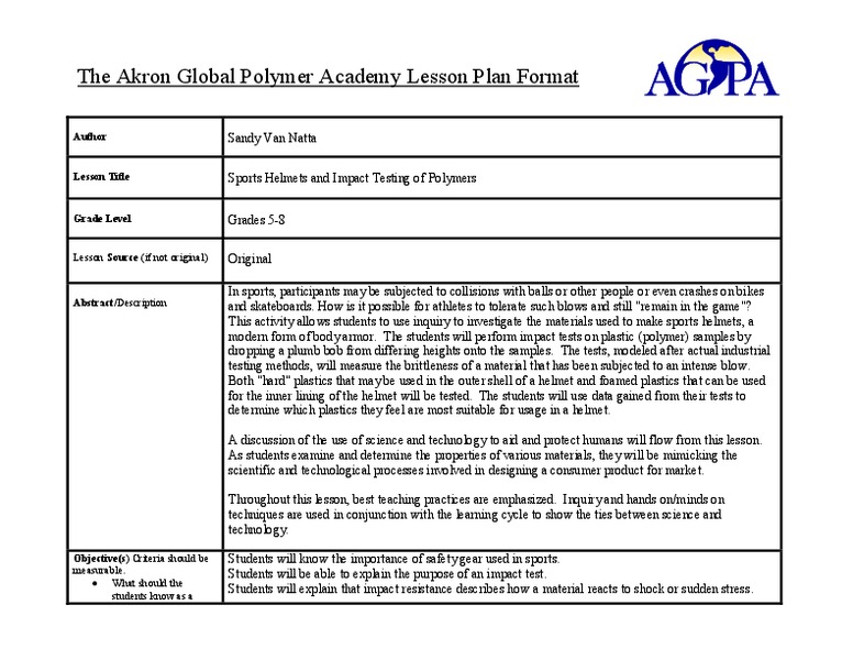 Sports Helmets and Impact Testing of Polymers Lesson Plan