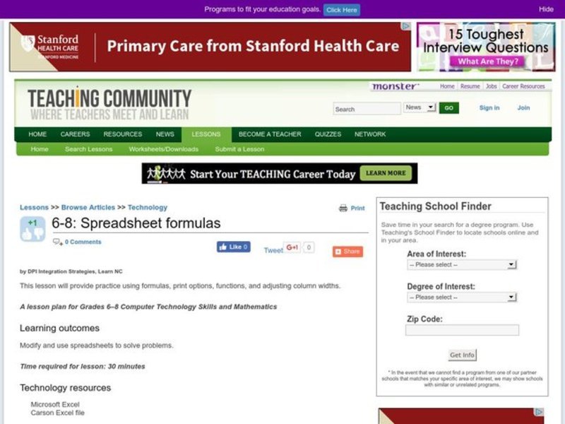 Spreadsheet formulas Lesson Plan
