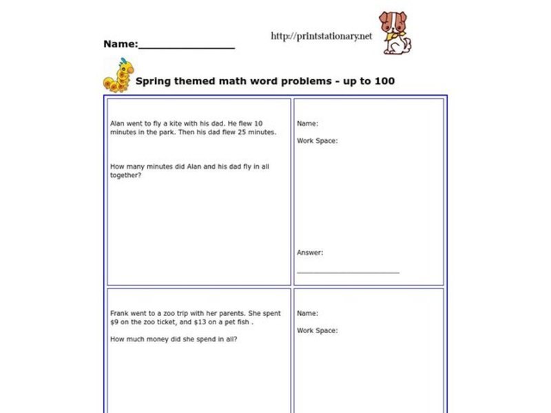 Spring Themed Math Word Problems -Up to 100 Worksheet