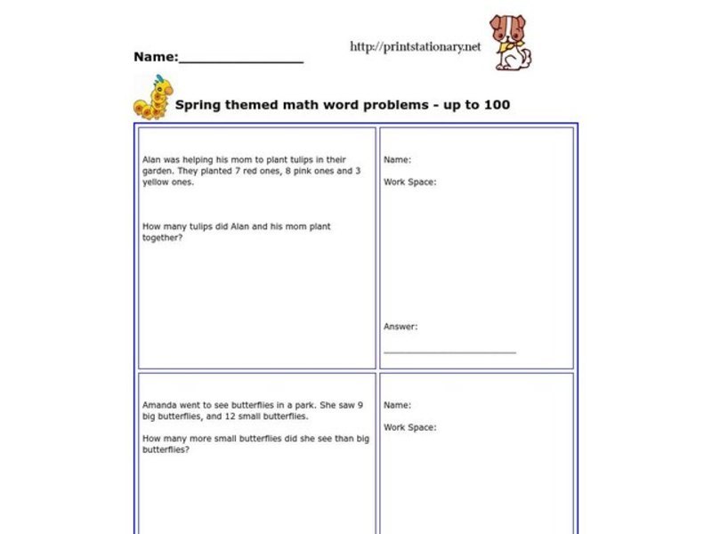 Spring Themed Math Word Problems -Up to 100 Worksheet