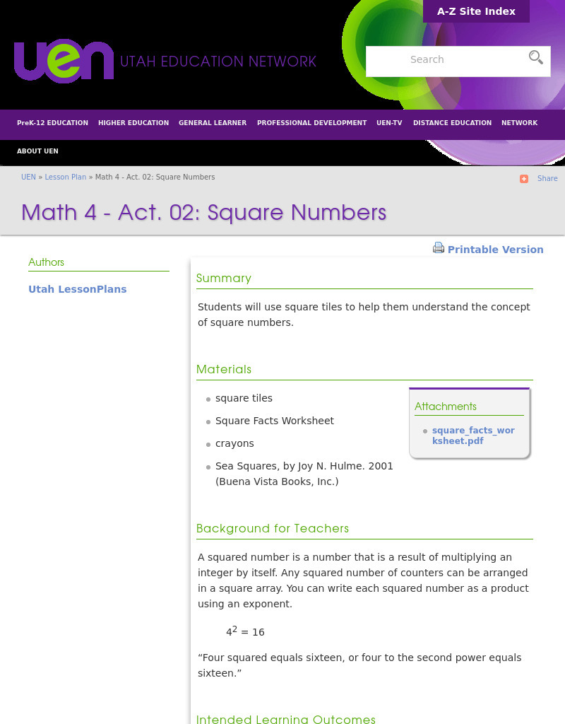 Square Numbers Lesson Plan