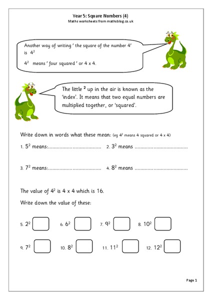 Square Numbers Worksheet
