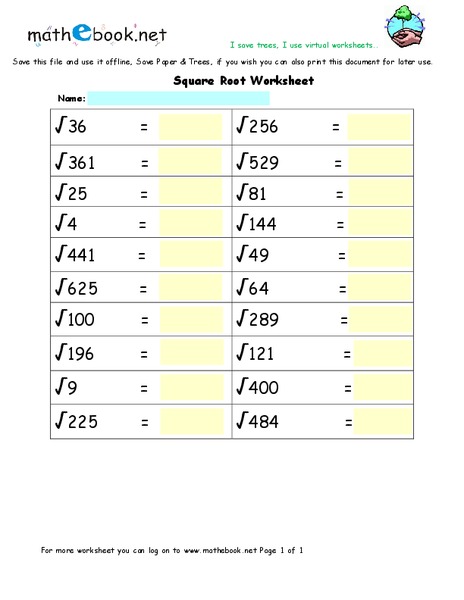 Square Root Worksheet Worksheet