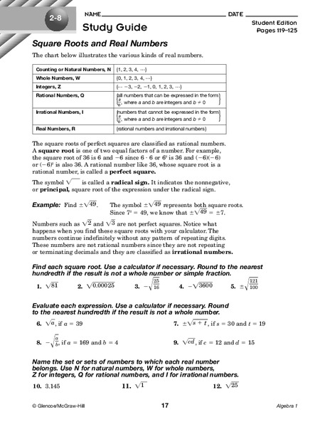 Square Roots and Real Numbers Worksheet