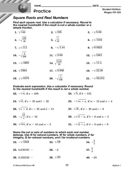 Square Roots and Real Numbers Worksheet