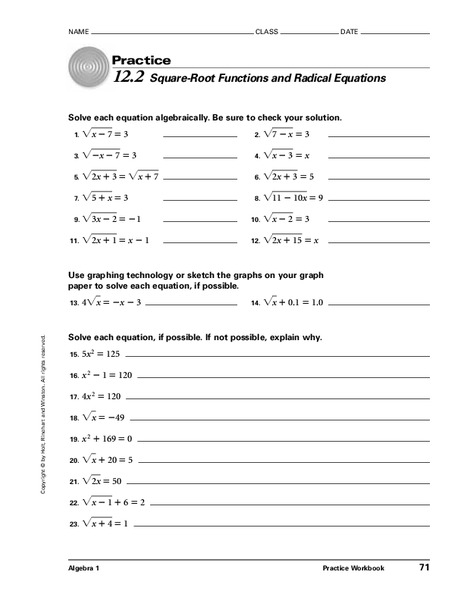 Square-Root Functions and Radical Equations Worksheet