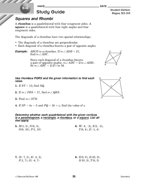 Squares and Rhombi Worksheet