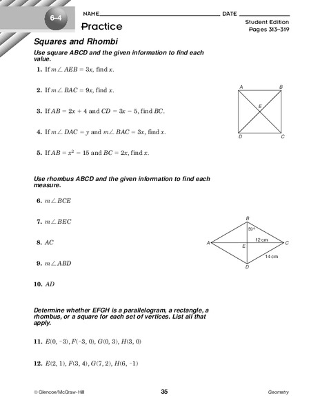 Squares and Rhombi Worksheet