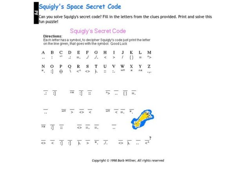 Squigly's Secret Code Worksheet