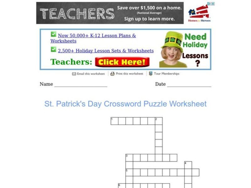 St. Patrick's Day Crossword Puzzle Worksheet