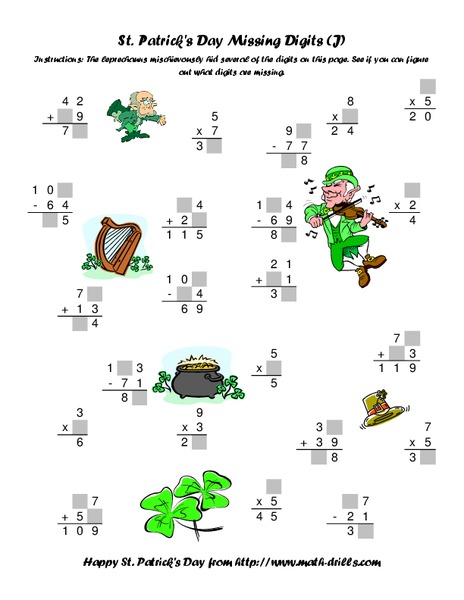 St. Patrick's Day Missing Digits (J) Worksheet