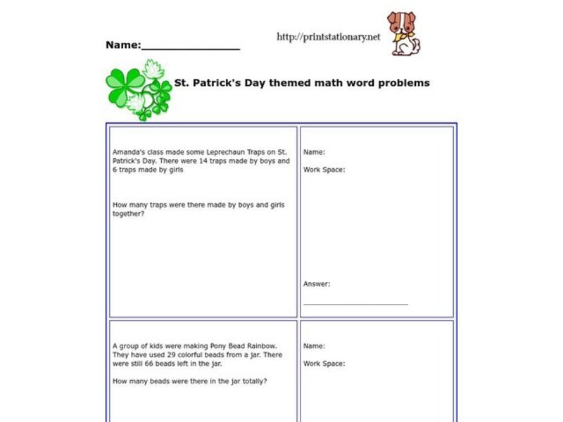 St. Patrick's Day Themed Math Word Problems Worksheet
