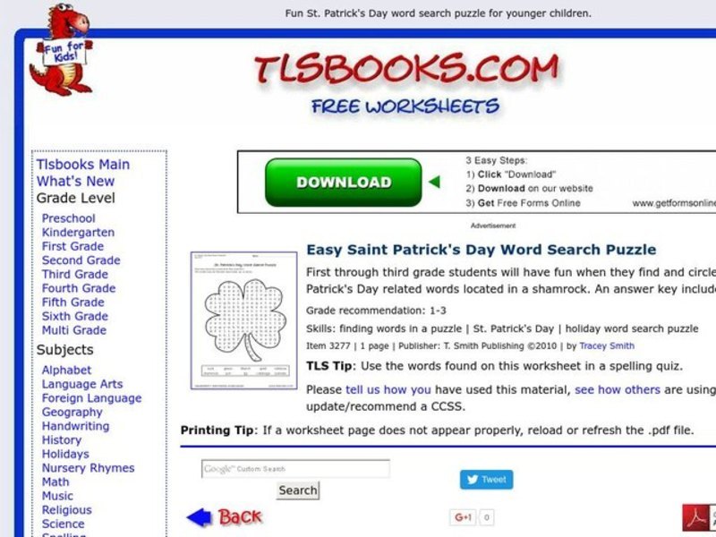 St. Patrick's Day Word Search Puzzle Worksheet