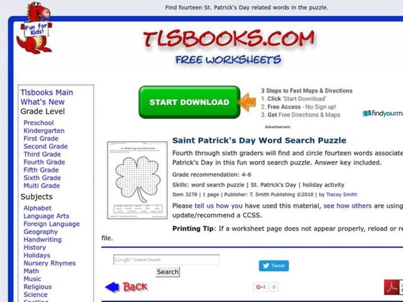 St. Patrick's Day Word Search Puzzle Worksheet