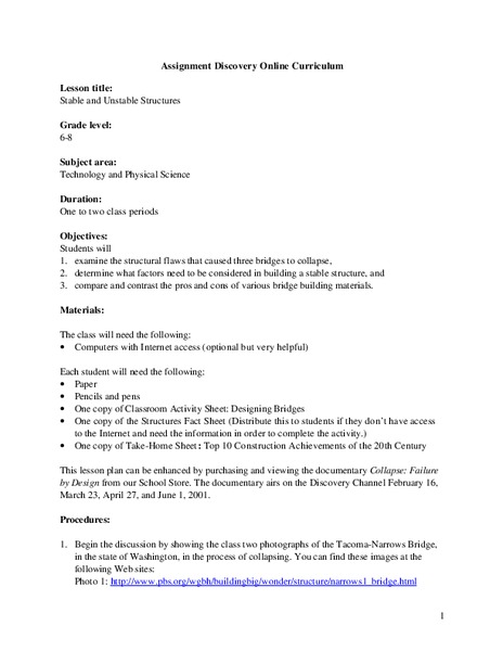 Stable and Unstable Structures Lesson Plan