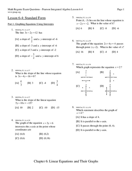 Standard Form of a Linear Equation Worksheet