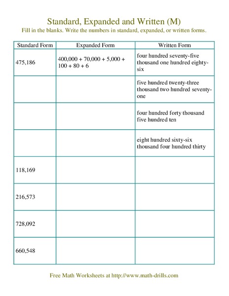 Standard, Expanded, and Written Form Worksheet