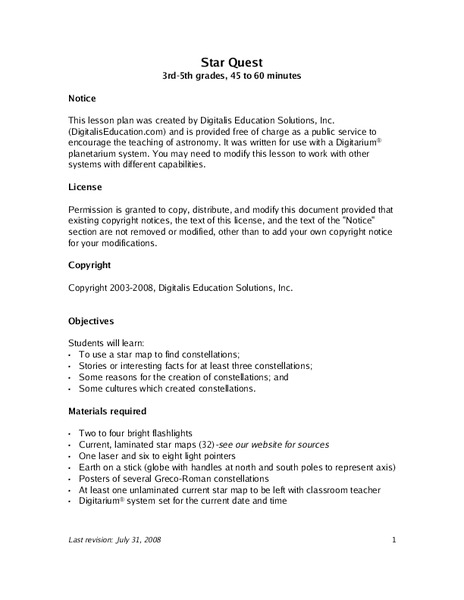 Star Quest Lesson Plan