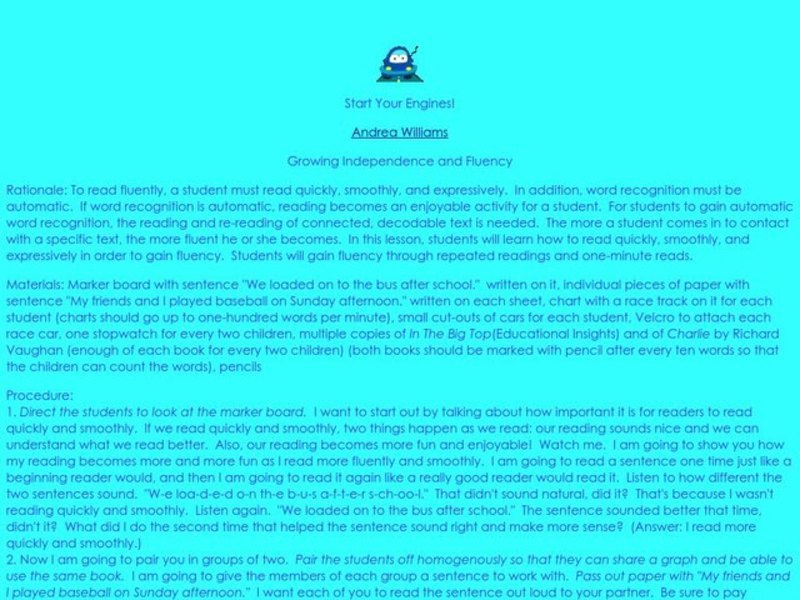 Start Your Engines Lesson Plan