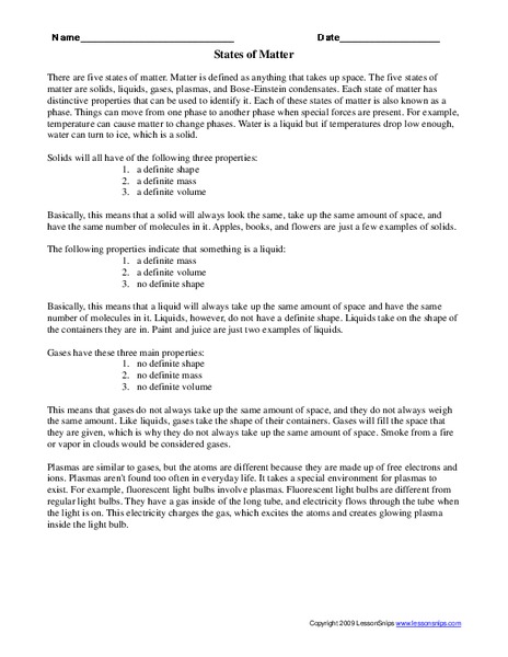States of Matter Worksheet