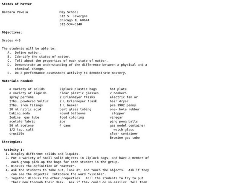States of Matter Lesson Plan