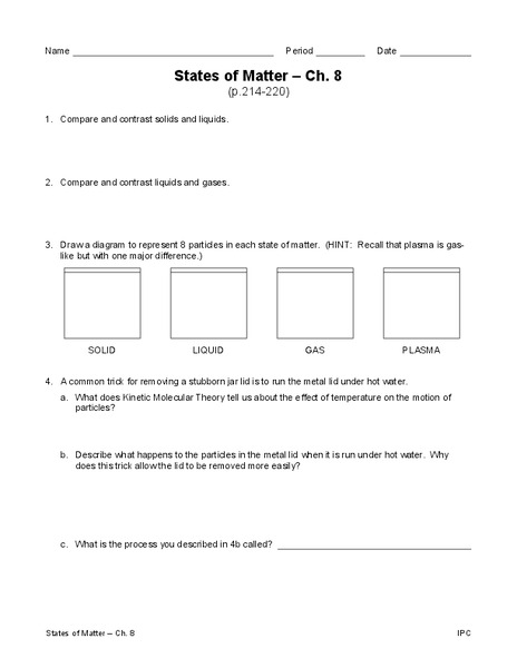 States of Matter Worksheet