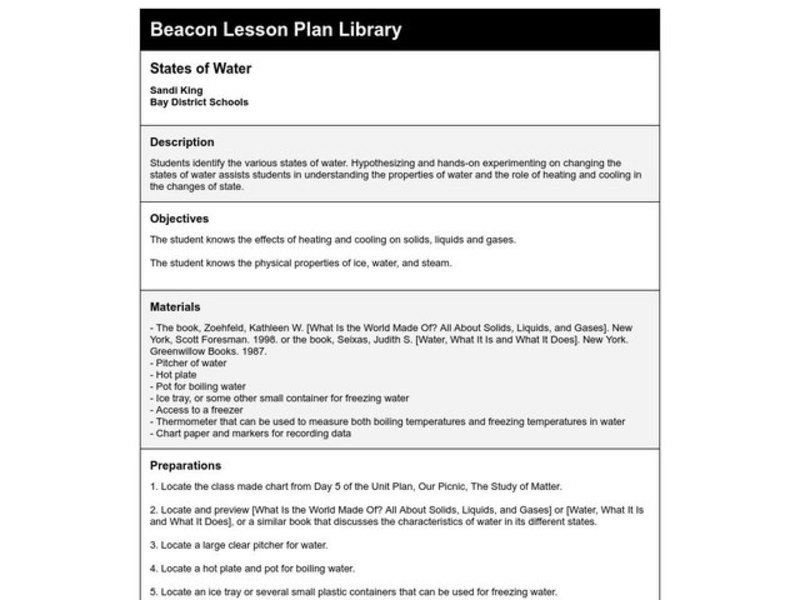 STATES OF WATER Lesson Plan