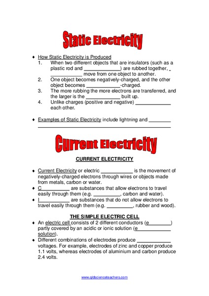 Static Electricity Worksheet