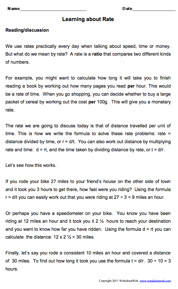 Learning About Rate Worksheet