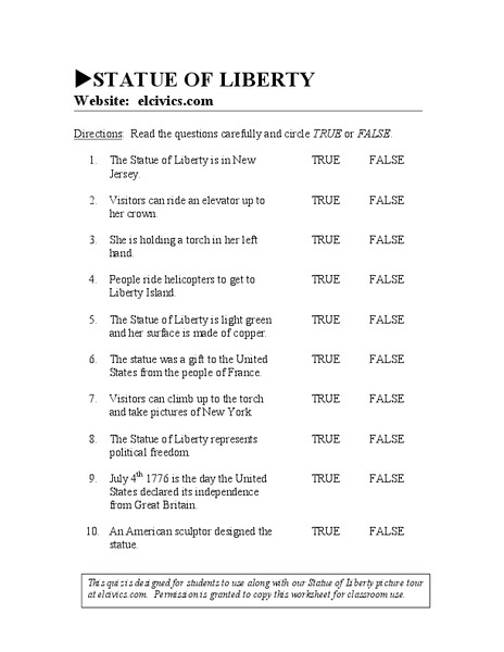 Statue of Liberty Worksheet