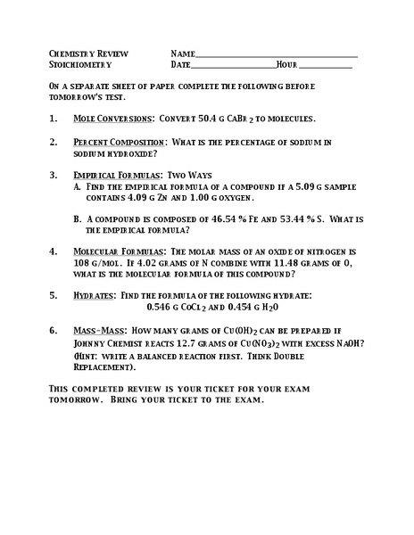 Stoichiometry Worksheet