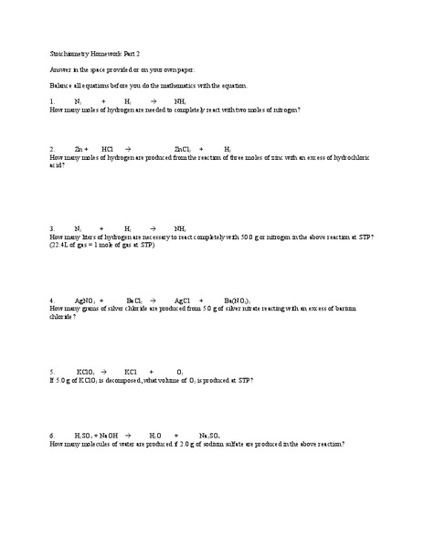 Stoichiometry Worksheet