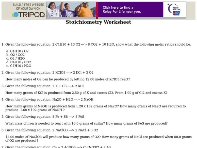 Stoichiometry Worksheet