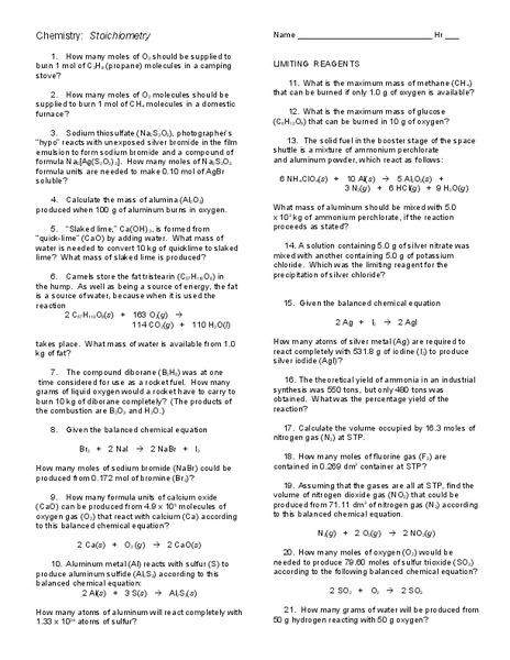 Stoichiometry Worksheet